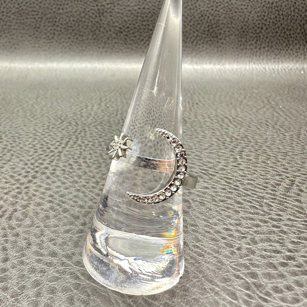 Crescent Moon Star Ring Adjustable Silver Tone Crystal Rhinestone Womens Sz 8.5